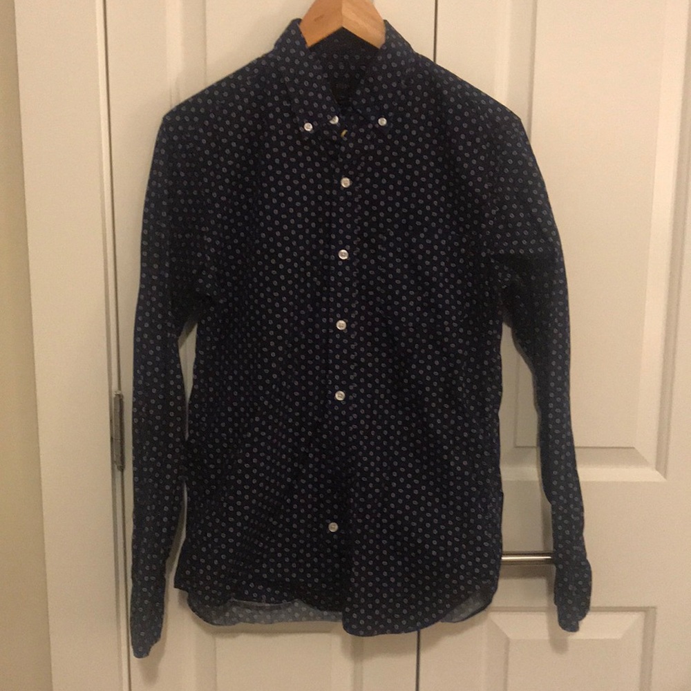 J. Crew navy button down with tiny paisley print.
